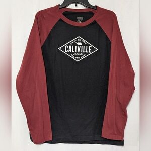 Caliville Men's Black and Burgundy Raglan Long Sleeve Crewneck Shirt, Large